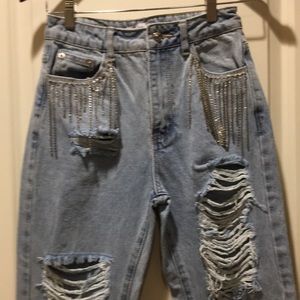 Adika womens embellish hanging bling High Waist High Rise Distress jeans size XS